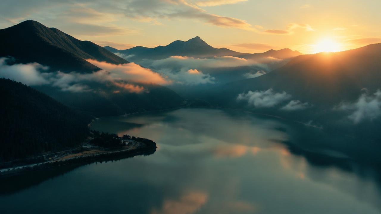 Drone flyover of a misty mountain lake at sunrise, golden light